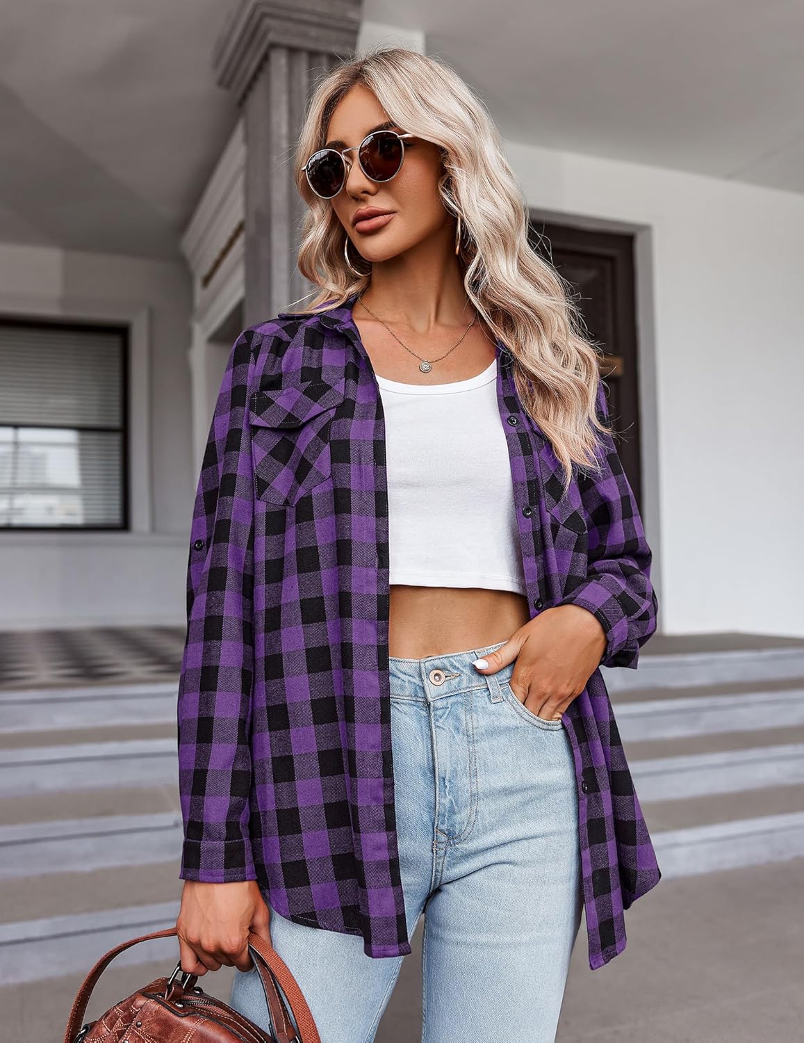 Womens Flannel Shirts Long/Roll Up Sleeve Collared Button Down Plaid Casual Tops - Picture 93 of 136