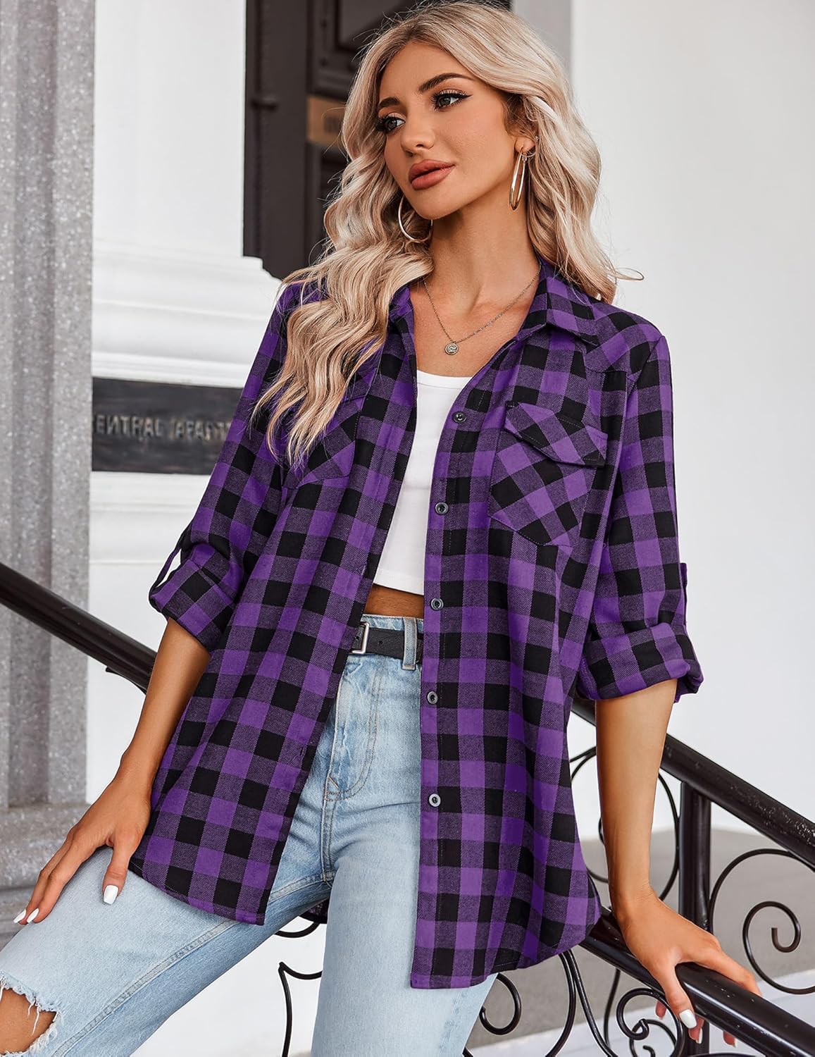 Womens Flannel Shirts Long/Roll Up Sleeve Collared Button Down Plaid Casual Tops - Picture 94 of 136