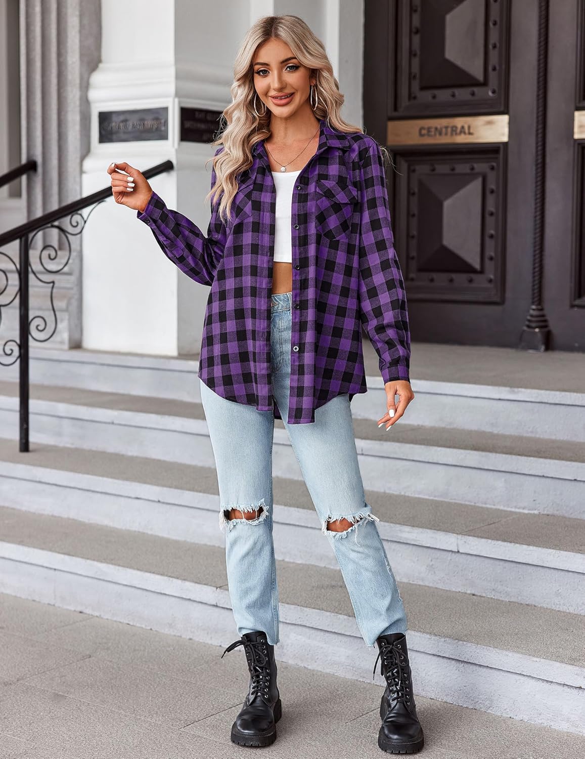 Womens Flannel Shirts Long/Roll Up Sleeve Collared Button Down Plaid Casual Tops - Picture 96 of 136
