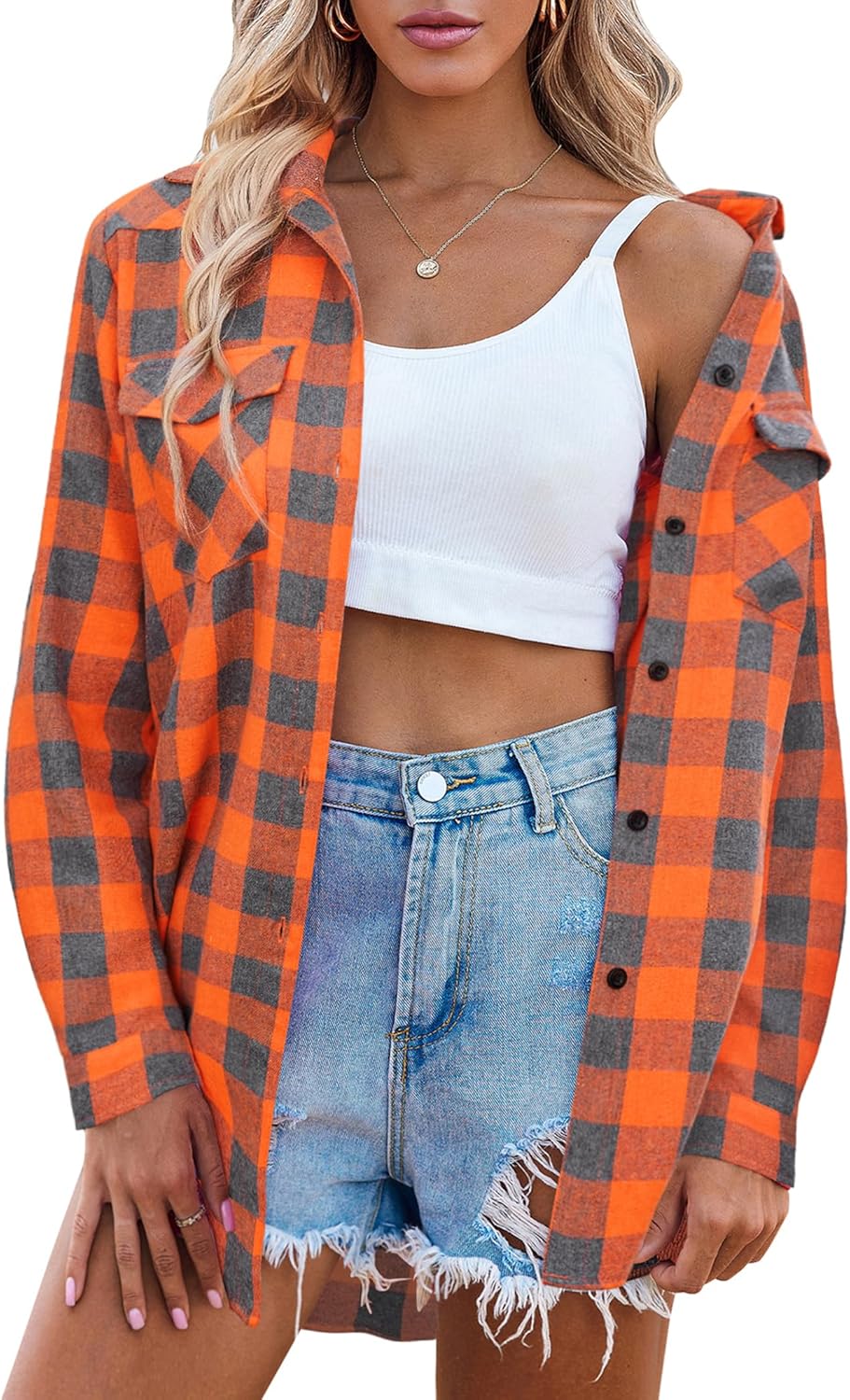 Womens Flannel Shirts Long/Roll Up Sleeve Collared Button Down Plaid Casual Tops - Picture 98 of 136