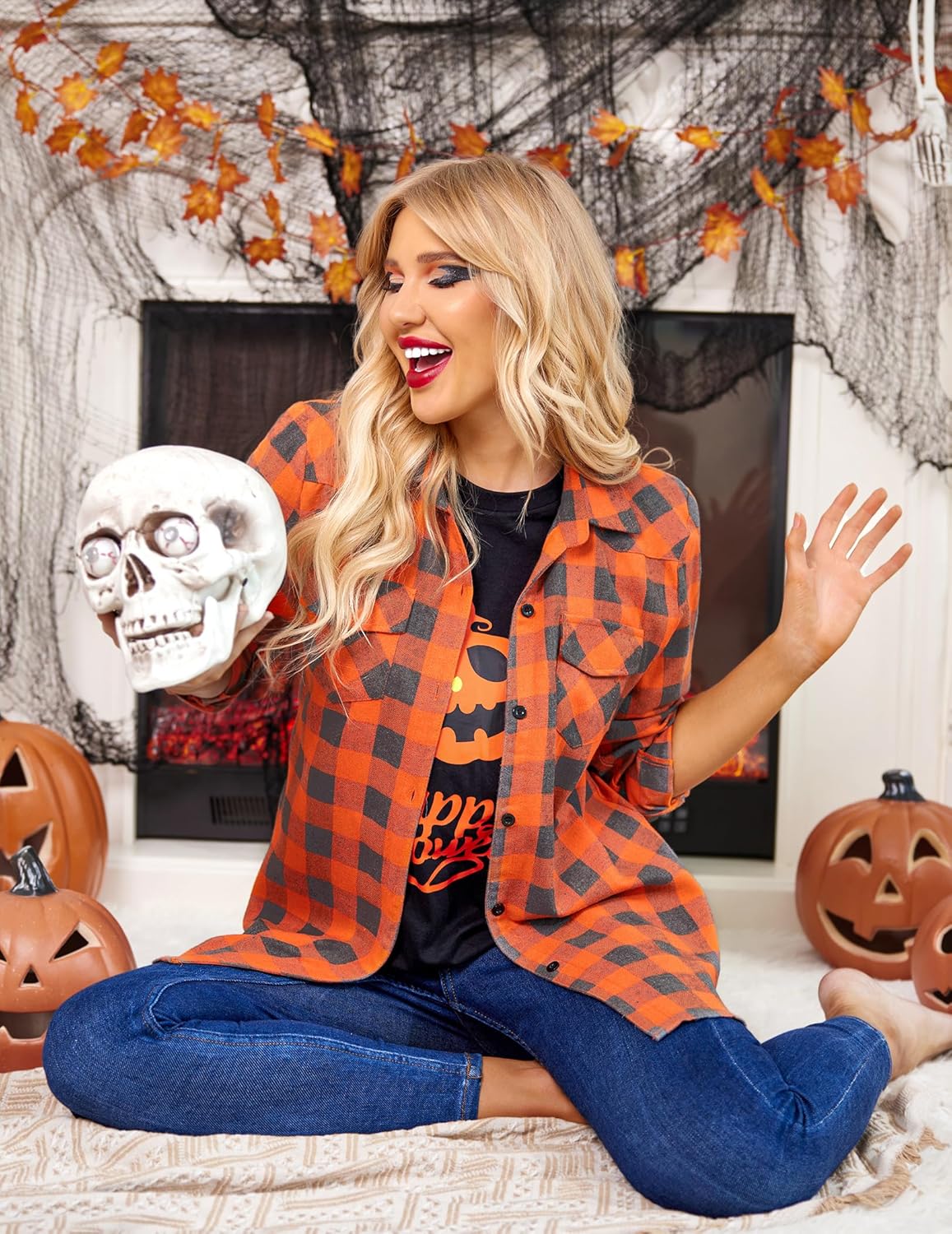 Womens Flannel Shirts Long/Roll Up Sleeve Collared Button Down Plaid Casual Tops - Picture 101 of 136