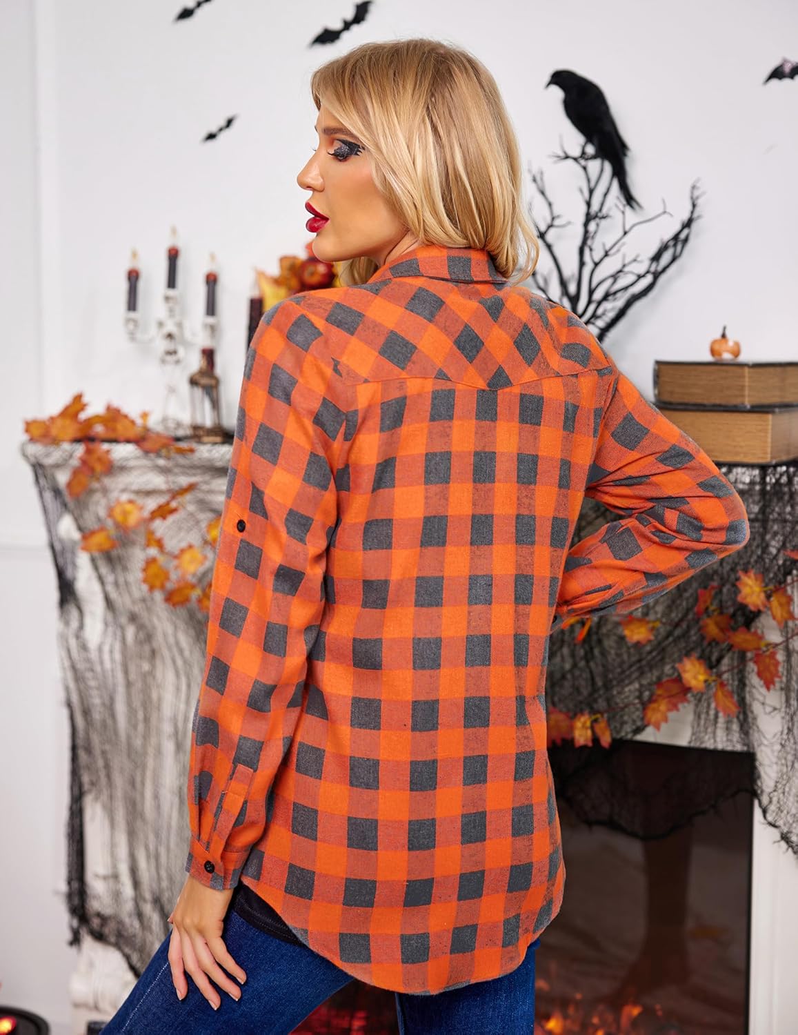 Womens Flannel Shirts Long/Roll Up Sleeve Collared Button Down Plaid Casual Tops - Picture 102 of 136