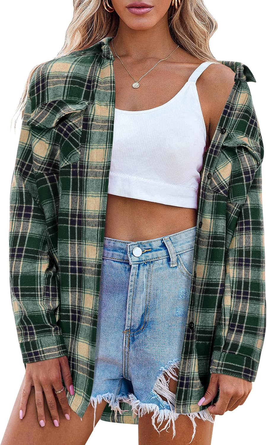 Womens Flannel Shirts Long/Roll Up Sleeve Collared Button Down Plaid Casual Tops - Picture 104 of 136