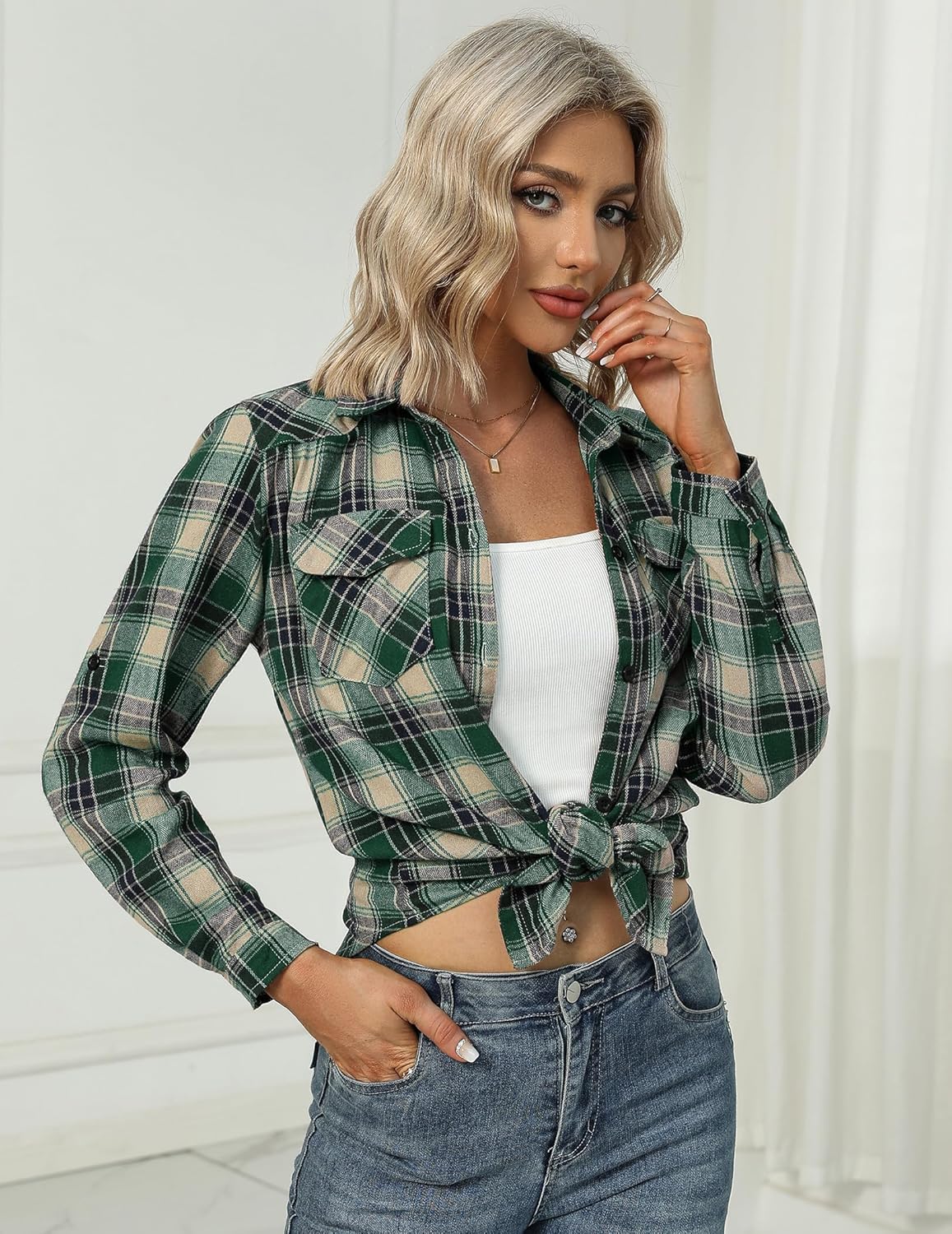 Womens Flannel Shirts Long/Roll Up Sleeve Collared Button Down Plaid Casual Tops - Picture 105 of 136