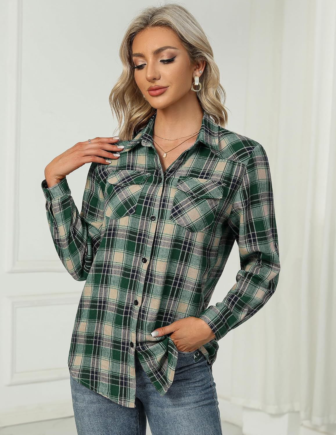 Womens Flannel Shirts Long/Roll Up Sleeve Collared Button Down Plaid Casual Tops - Picture 106 of 136