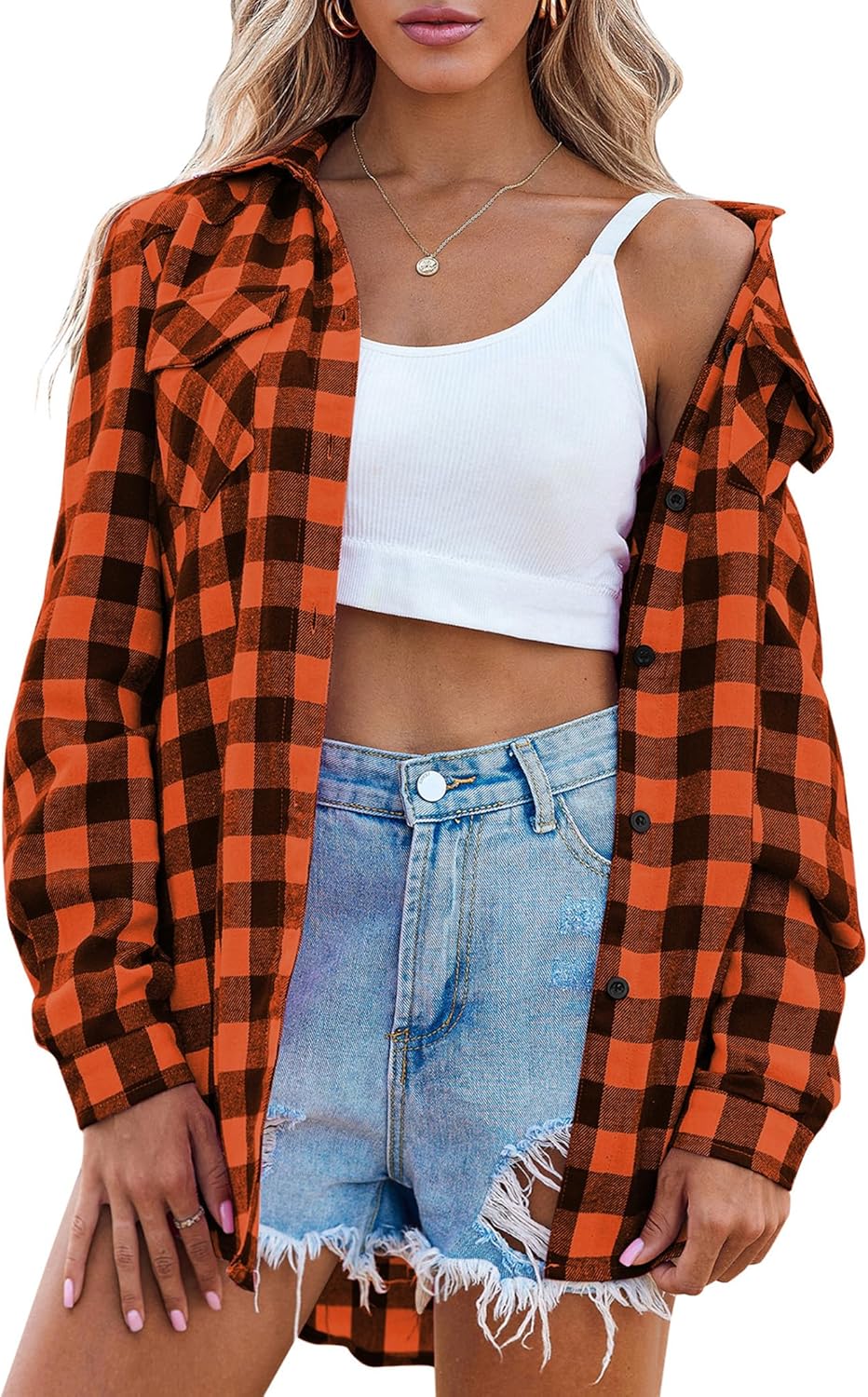 Womens Flannel Shirts Long/Roll Up Sleeve Collared Button Down Plaid Casual Tops - Picture 108 of 136
