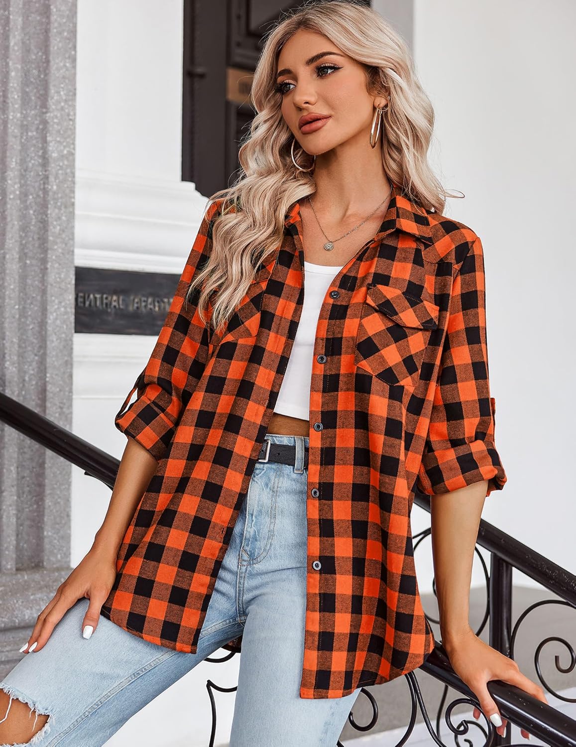 Womens Flannel Shirts Long/Roll Up Sleeve Collared Button Down Plaid Casual Tops - Picture 109 of 136