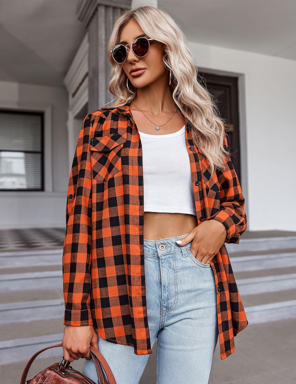 Womens Flannel Shirts Long/Roll Up Sleeve Collared Button Down Plaid Casual Tops - Picture 110 of 136