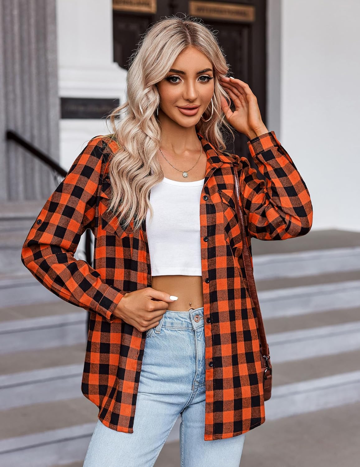 Womens Flannel Shirts Long/Roll Up Sleeve Collared Button Down Plaid Casual Tops - Picture 111 of 136