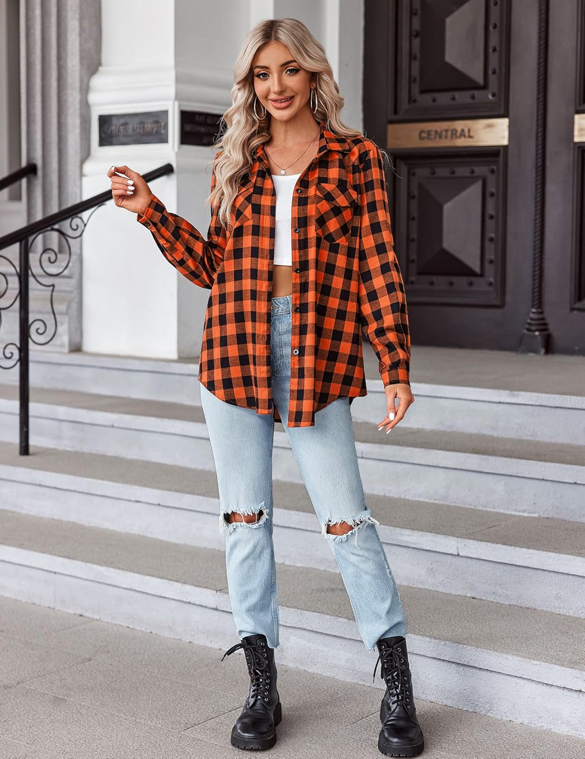 Womens Flannel Shirts Long/Roll Up Sleeve Collared Button Down Plaid Casual Tops - Picture 112 of 136