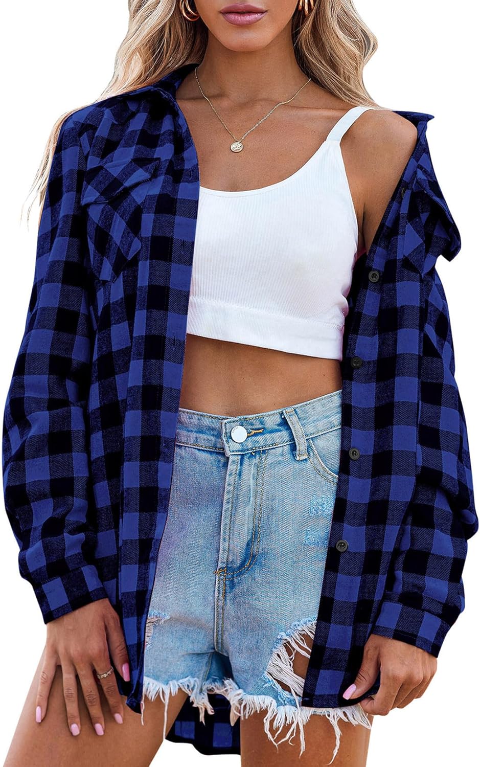 Womens Flannel Shirts Long/Roll Up Sleeve Collared Button Down Plaid Casual Tops - Picture 114 of 136