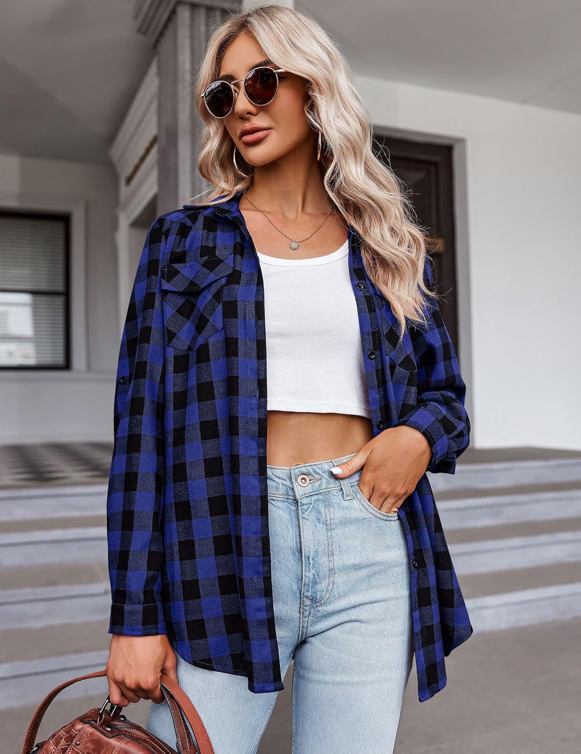 Womens Flannel Shirts Long/Roll Up Sleeve Collared Button Down Plaid Casual Tops - Picture 115 of 136