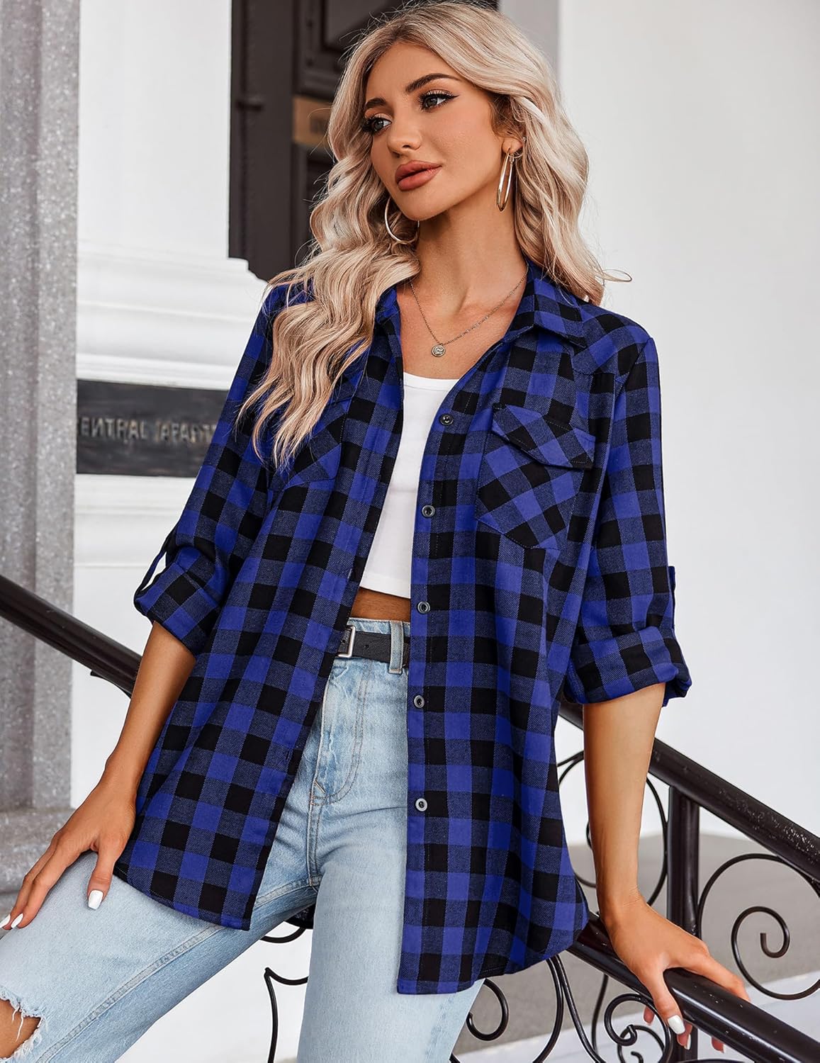 Womens Flannel Shirts Long/Roll Up Sleeve Collared Button Down Plaid Casual Tops - Picture 116 of 136