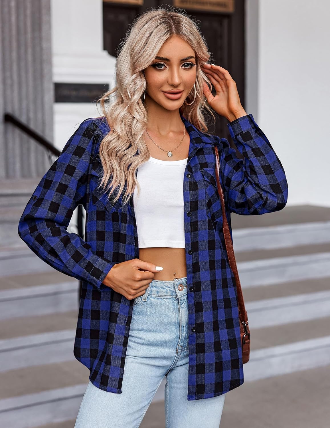 Womens Flannel Shirts Long/Roll Up Sleeve Collared Button Down Plaid Casual Tops - Picture 117 of 136