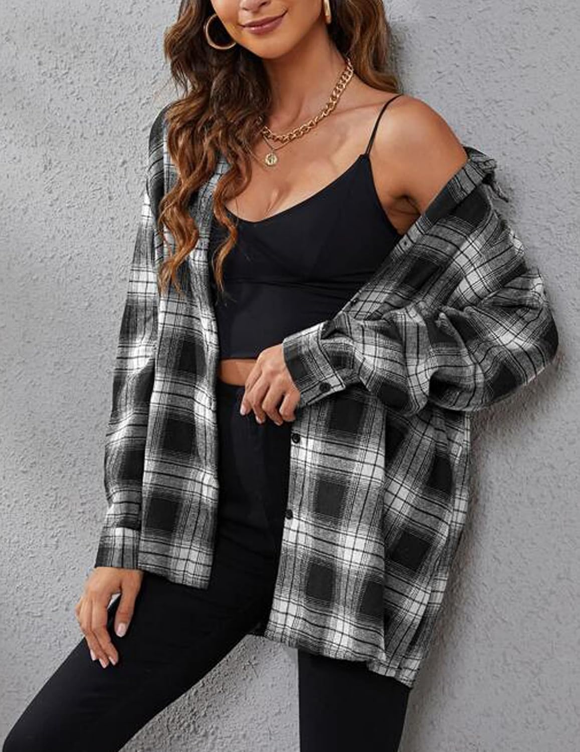 Womens Flannel Shirts Long/Roll Up Sleeve Collared Button Down Plaid Casual Tops - Picture 121 of 136