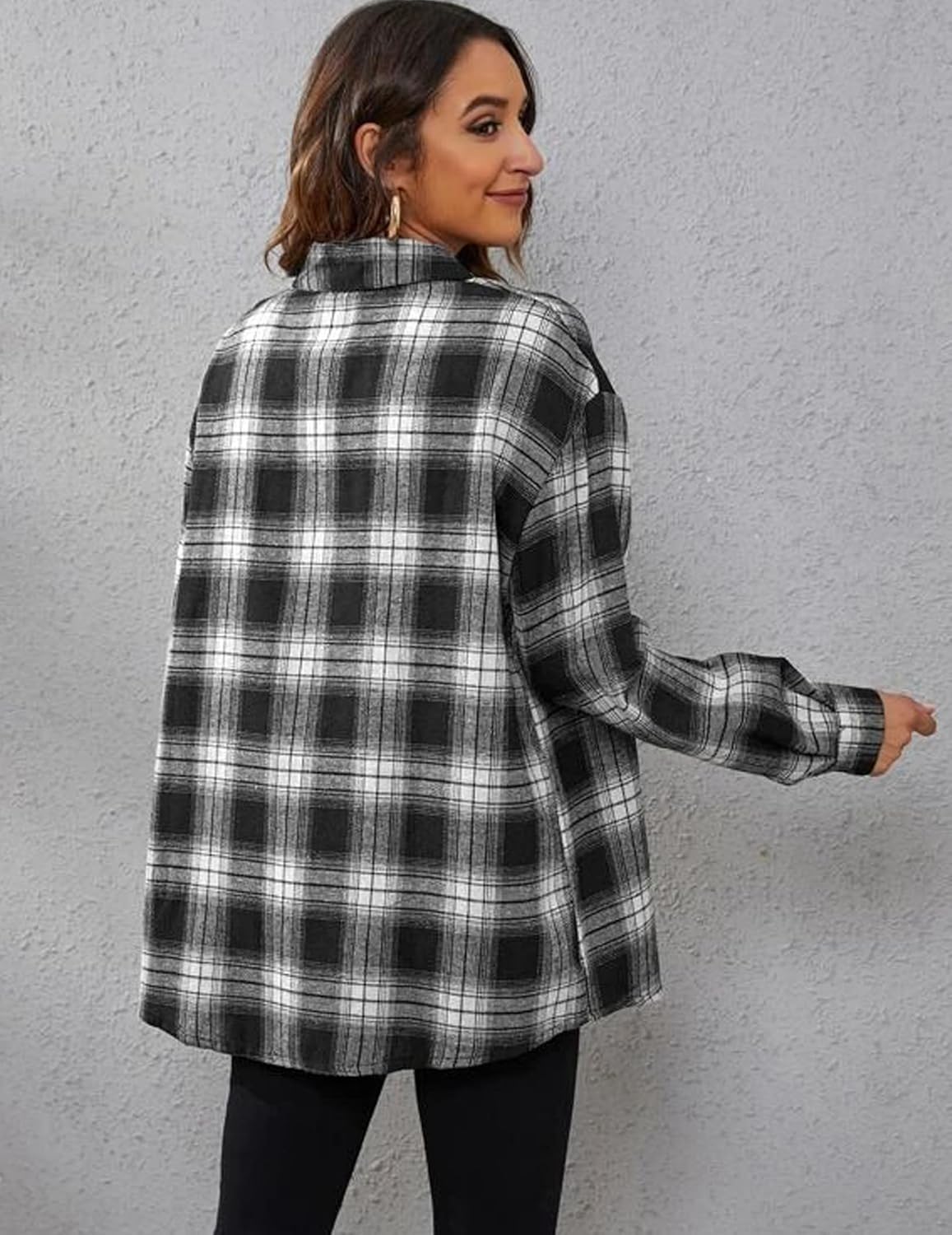 Womens Flannel Shirts Long/Roll Up Sleeve Collared Button Down Plaid Casual Tops - Picture 123 of 136