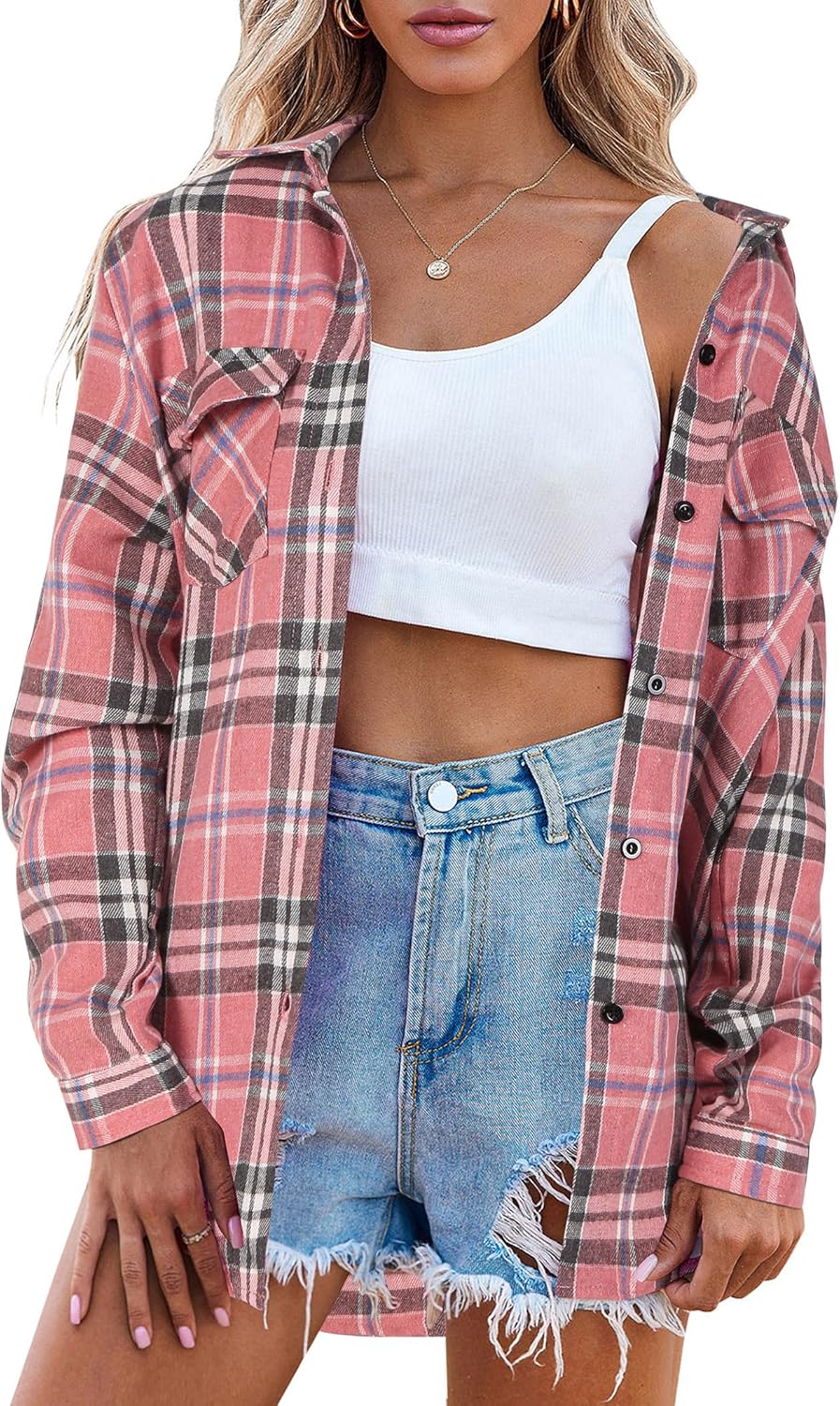 Womens Flannel Shirts Long/Roll Up Sleeve Collared Button Down Plaid Casual Tops - Picture 125 of 136