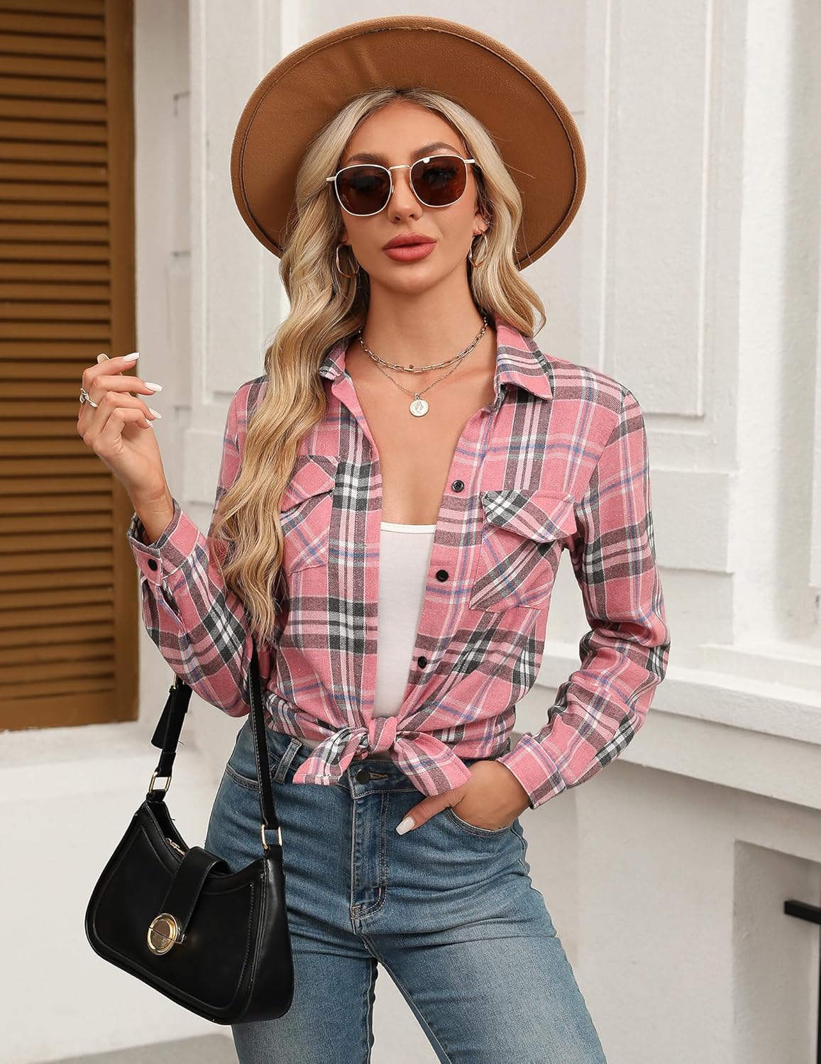 Womens Flannel Shirts Long/Roll Up Sleeve Collared Button Down Plaid Casual Tops - Picture 127 of 136