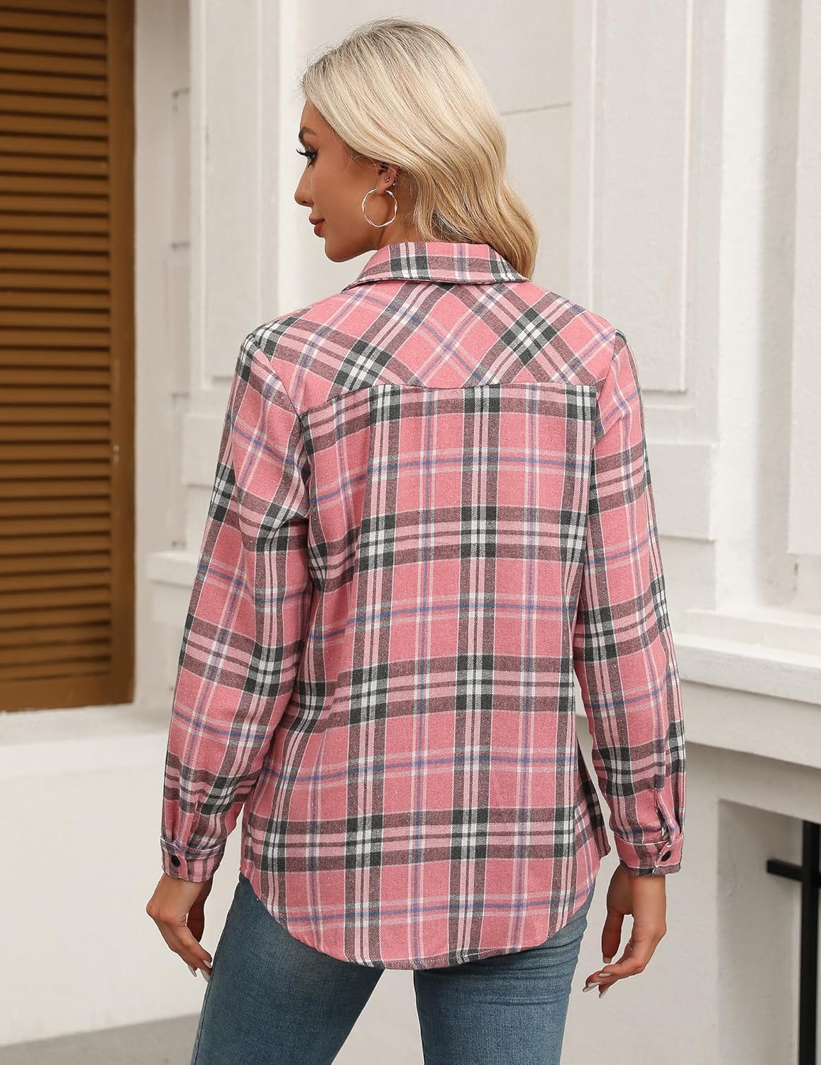 Womens Flannel Shirts Long/Roll Up Sleeve Collared Button Down Plaid Casual Tops - Picture 129 of 136