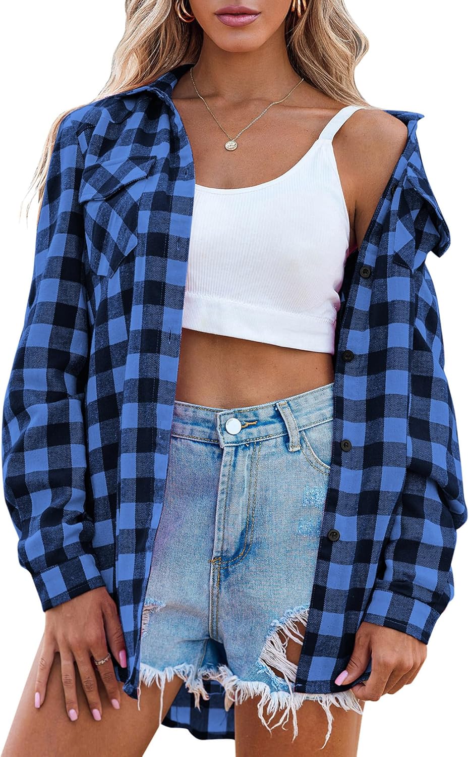 Womens Flannel Shirts Long/Roll Up Sleeve Collared Button Down Plaid Casual Tops - Picture 131 of 136
