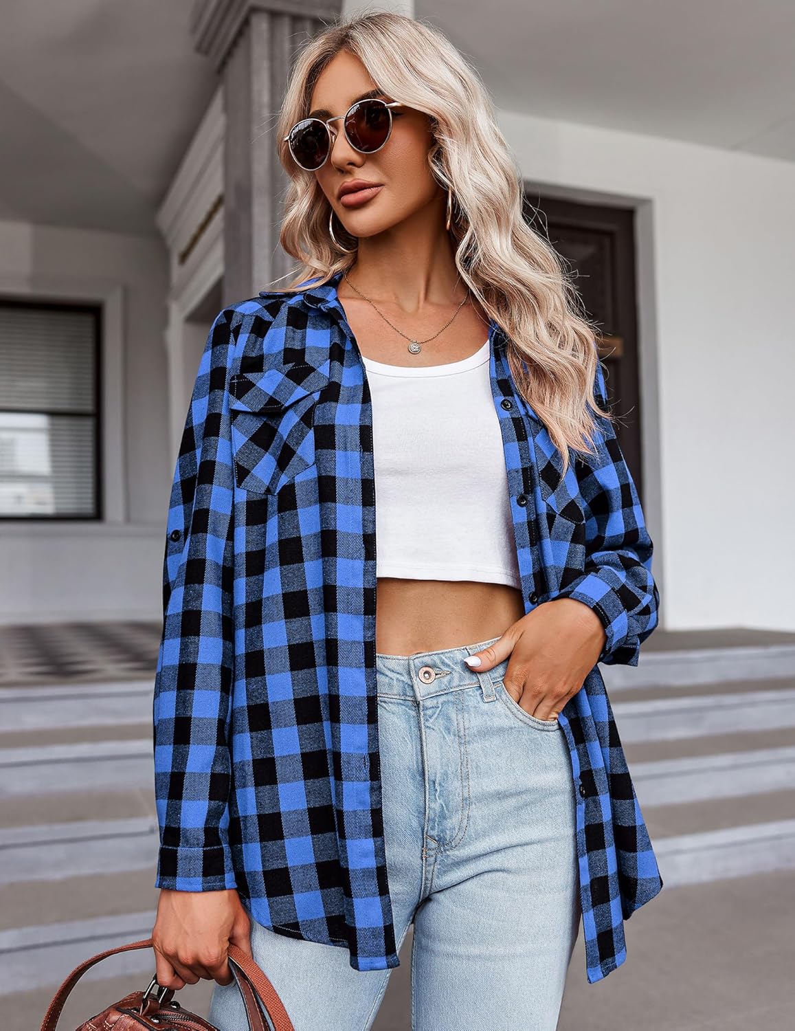 Womens Flannel Shirts Long/Roll Up Sleeve Collared Button Down Plaid Casual Tops - Picture 132 of 136