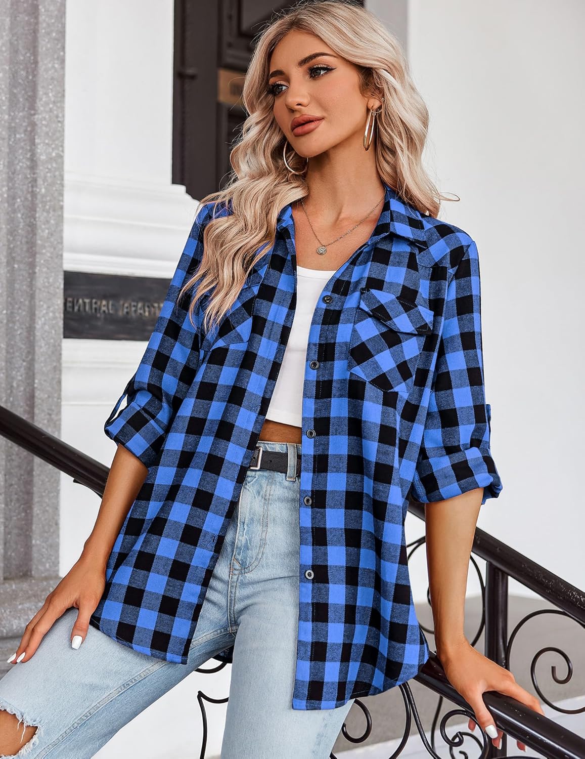 Womens Flannel Shirts Long/Roll Up Sleeve Collared Button Down Plaid Casual Tops - Picture 133 of 136