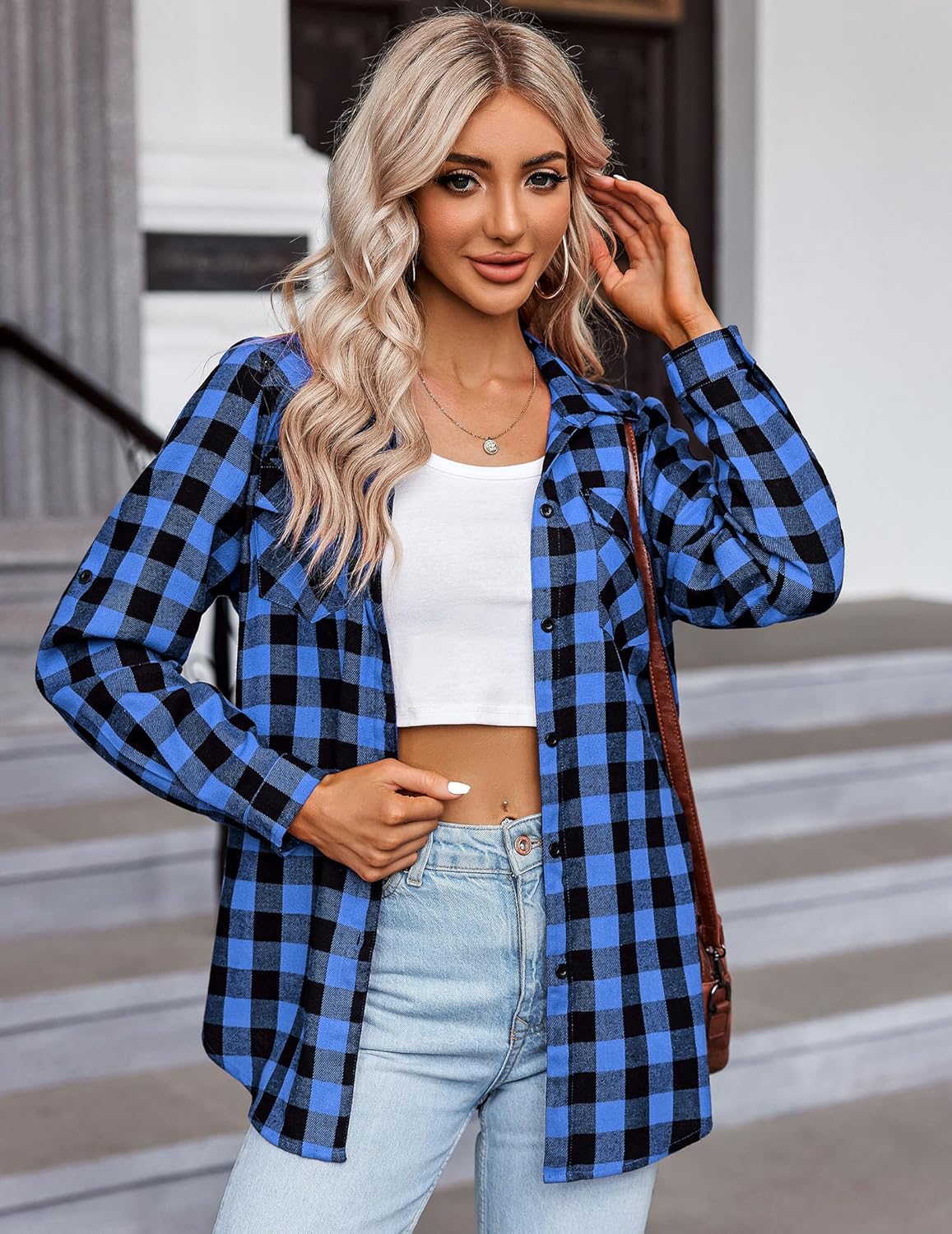 Womens Flannel Shirts Long/Roll Up Sleeve Collared Button Down Plaid Casual Tops - Picture 134 of 136