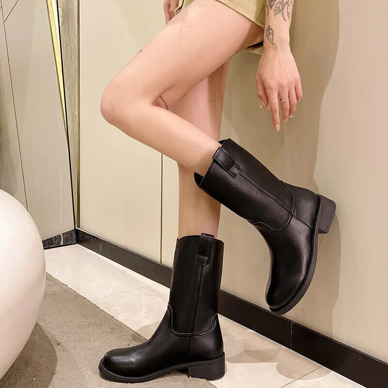 Stivali donna moda metà polpaccio punta tonda tacco grosso stivaletti casual chelsea boots - Foto 16 di 17