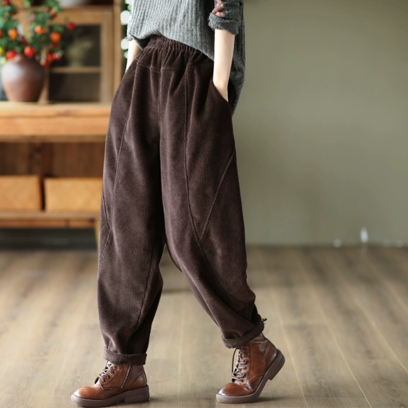 Womens Loose Fashion Elastic Waist Corduroy Harem Pants Casual Long Trousers - Picture 11 of 11