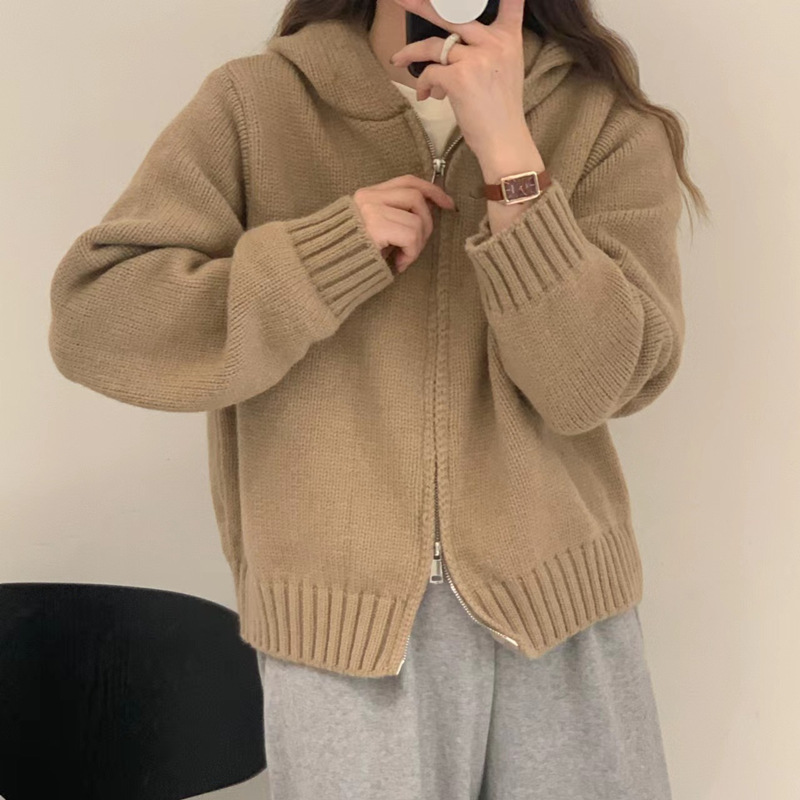 2024 Autumn Winter Hooded Double Zipper Sweater Jacket Women Knit Cardigan - Picture 12 of 16