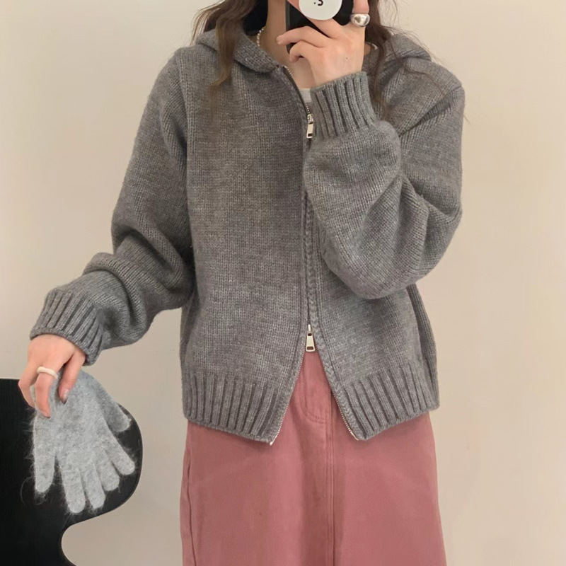 2024 Autumn Winter Hooded Double Zipper Sweater Jacket Women Knit Cardigan - Picture 14 of 16
