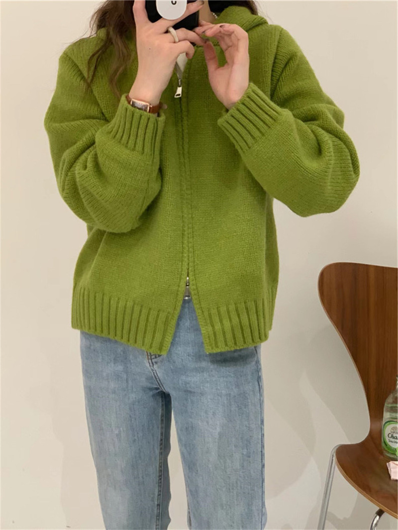 2024 Autumn Winter Hooded Double Zipper Sweater Jacket Women Knit Cardigan - Picture 16 of 16