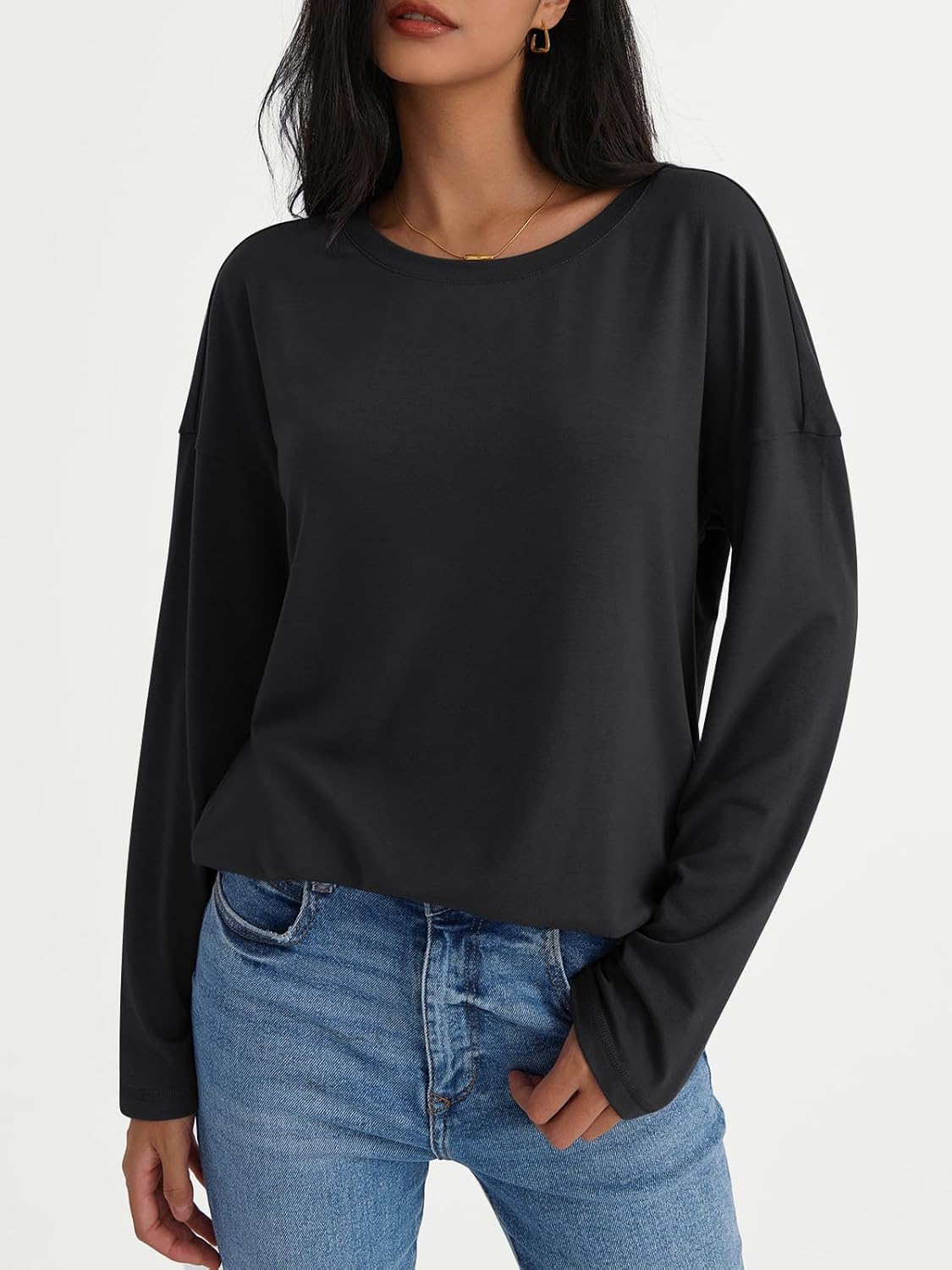 Womens Long Sleeve Shirts Loose Fitted Crewneck Basic Tops Casual Fall Clothes - Picture 16 of 62