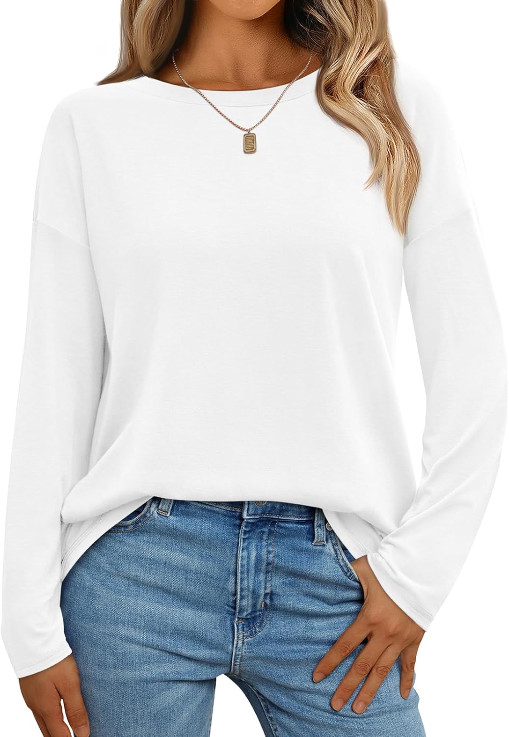 Womens Long Sleeve Shirts Loose Fitted Crewneck Basic Tops Casual Fall Clothes - Picture 27 of 62