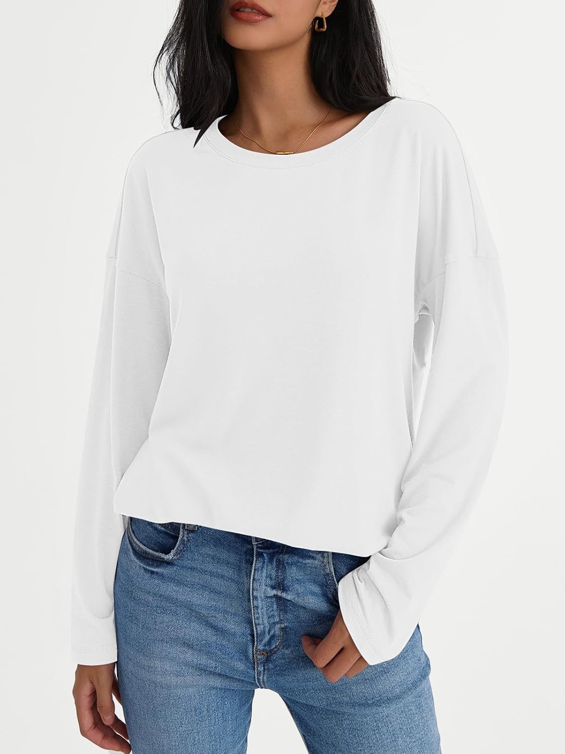 Womens Long Sleeve Shirts Loose Fitted Crewneck Basic Tops Casual Fall Clothes - Picture 28 of 62