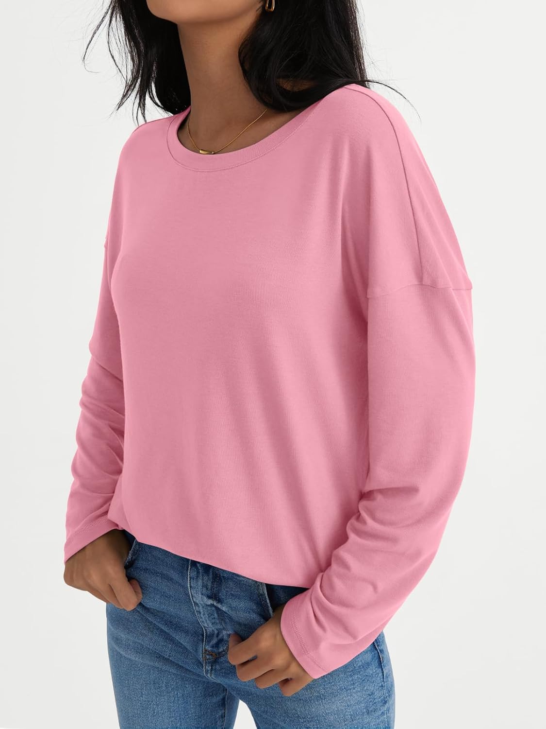 Womens Long Sleeve Shirts Loose Fitted Crewneck Basic Tops Casual Fall Clothes - Picture 35 of 62