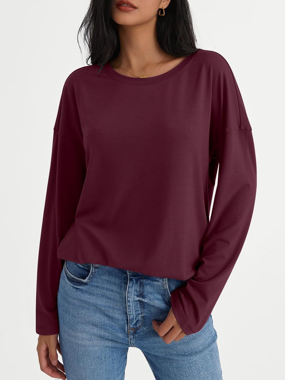 Womens Long Sleeve Shirts Loose Fitted Crewneck Basic Tops Casual Fall Clothes - Picture 40 of 62