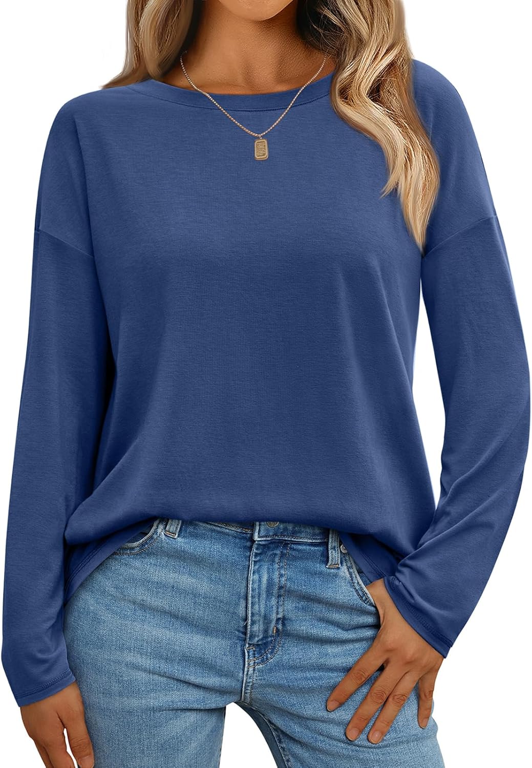 Womens Long Sleeve Shirts Loose Fitted Crewneck Basic Tops Casual Fall Clothes - Picture 45 of 62
