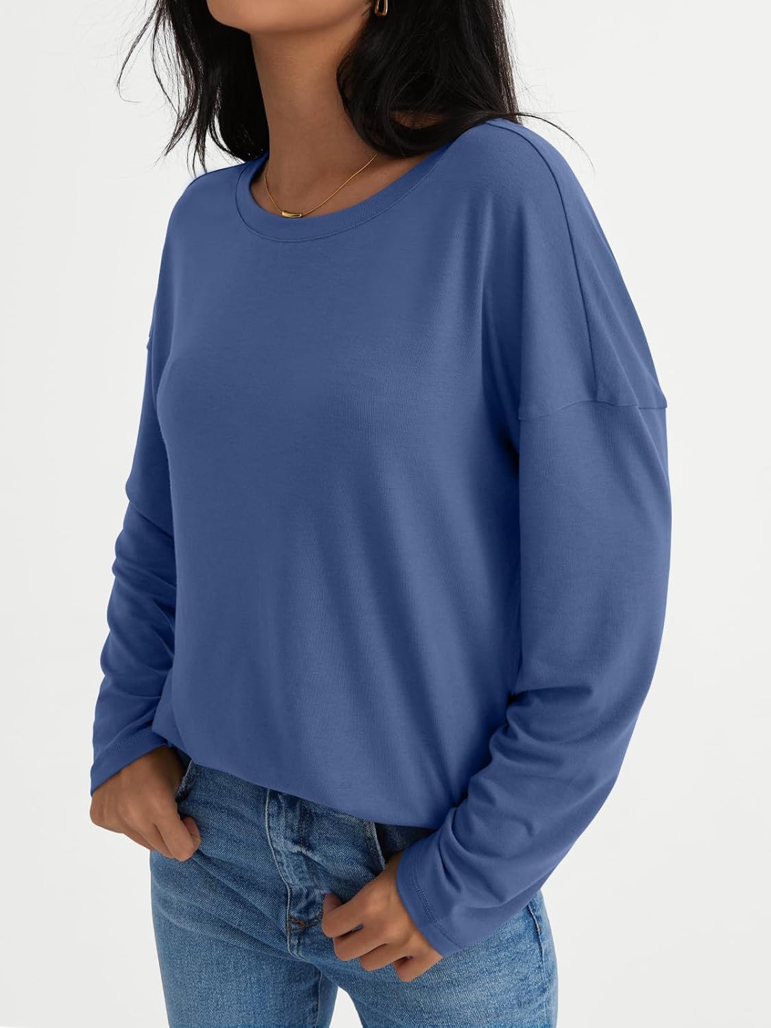 Womens Long Sleeve Shirts Loose Fitted Crewneck Basic Tops Casual Fall Clothes - Picture 47 of 62