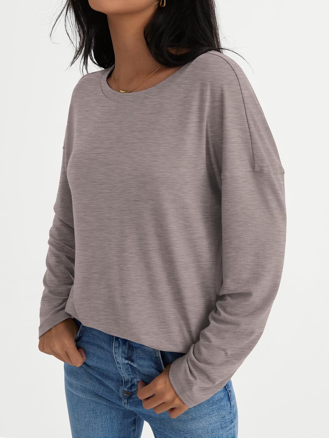 Womens Long Sleeve Shirts Loose Fitted Crewneck Basic Tops Casual Fall Clothes - Picture 53 of 62