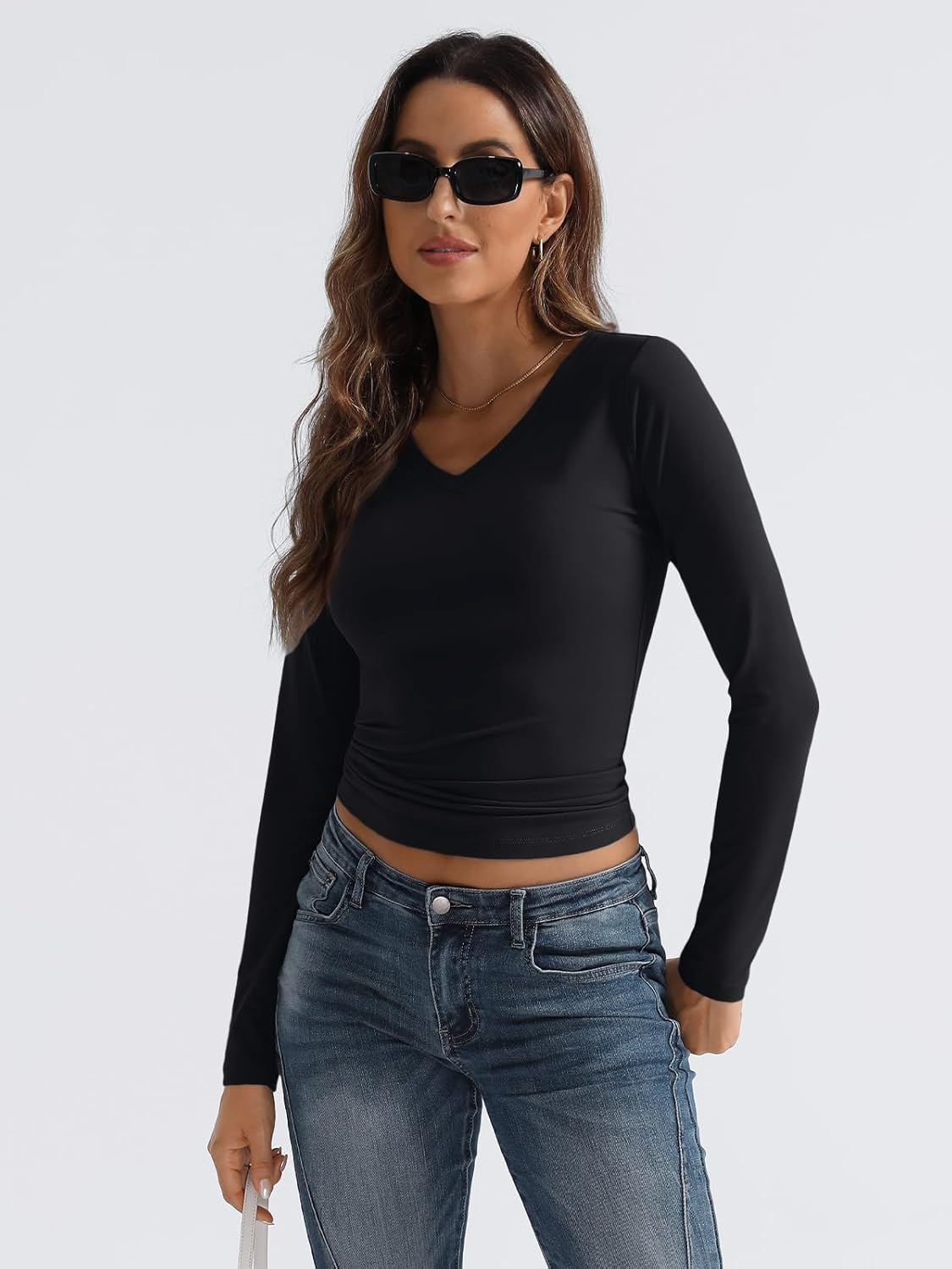 Women Long Sleeve Shirts Fashion V Neck Basics Crop Layering Slim Fitted Tops