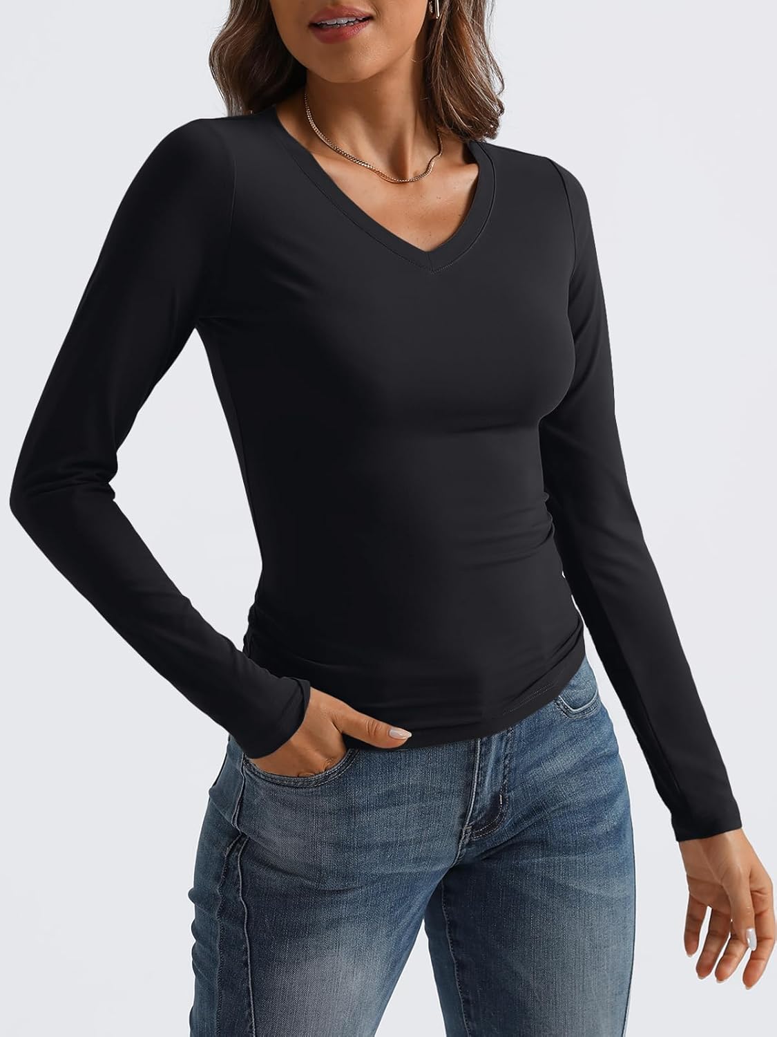 Women Long Sleeve Shirts Fashion V Neck Basics Crop Layering Slim Fitted Tops