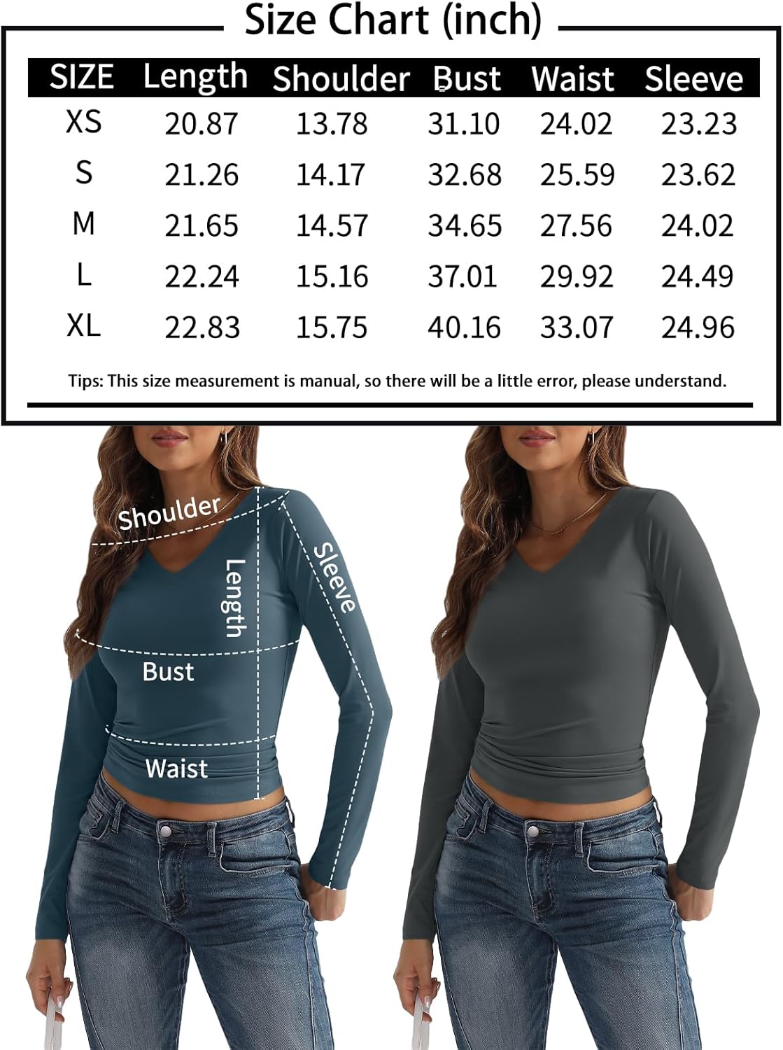 Women Long Sleeve Shirts Fashion V Neck Basics Crop Layering Slim Fitted Tops