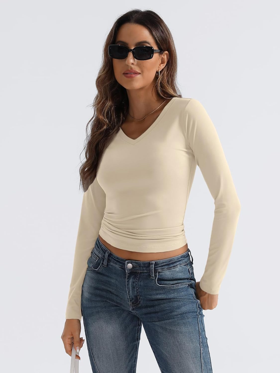 Women Long Sleeve Shirts Fashion V Neck Basics Crop Layering Slim Fitted Tops