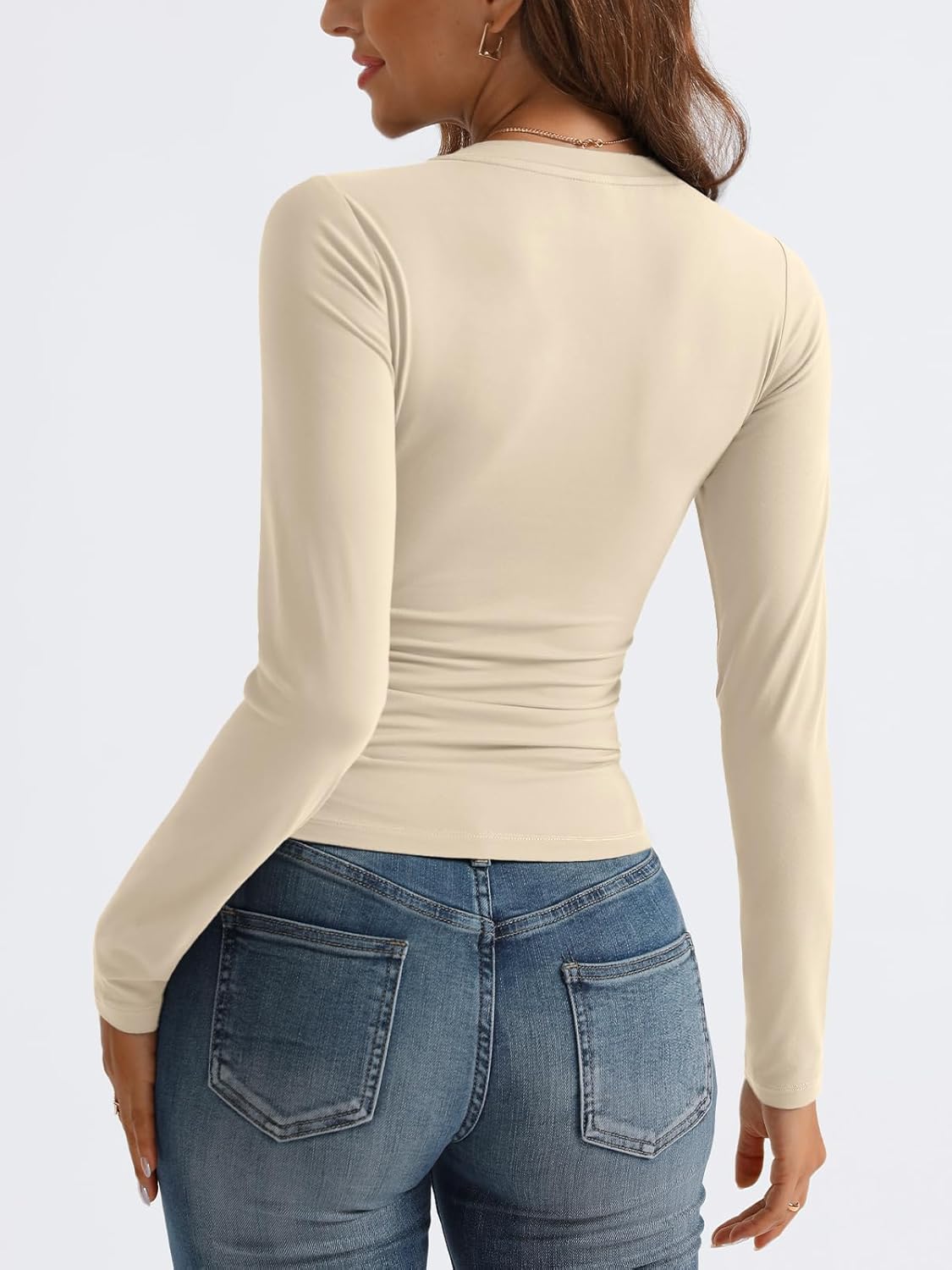 Women Long Sleeve Shirts Fashion V Neck Basics Crop Layering Slim Fitted Tops