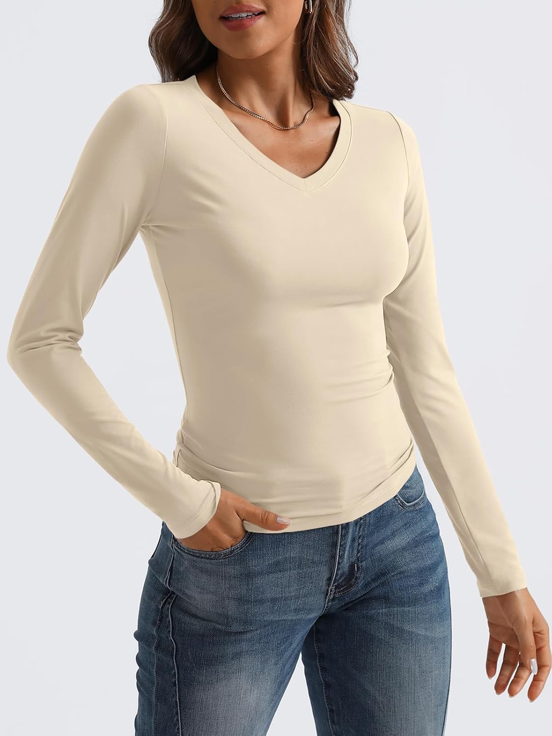 Women Long Sleeve Shirts Fashion V Neck Basics Crop Layering Slim Fitted Tops