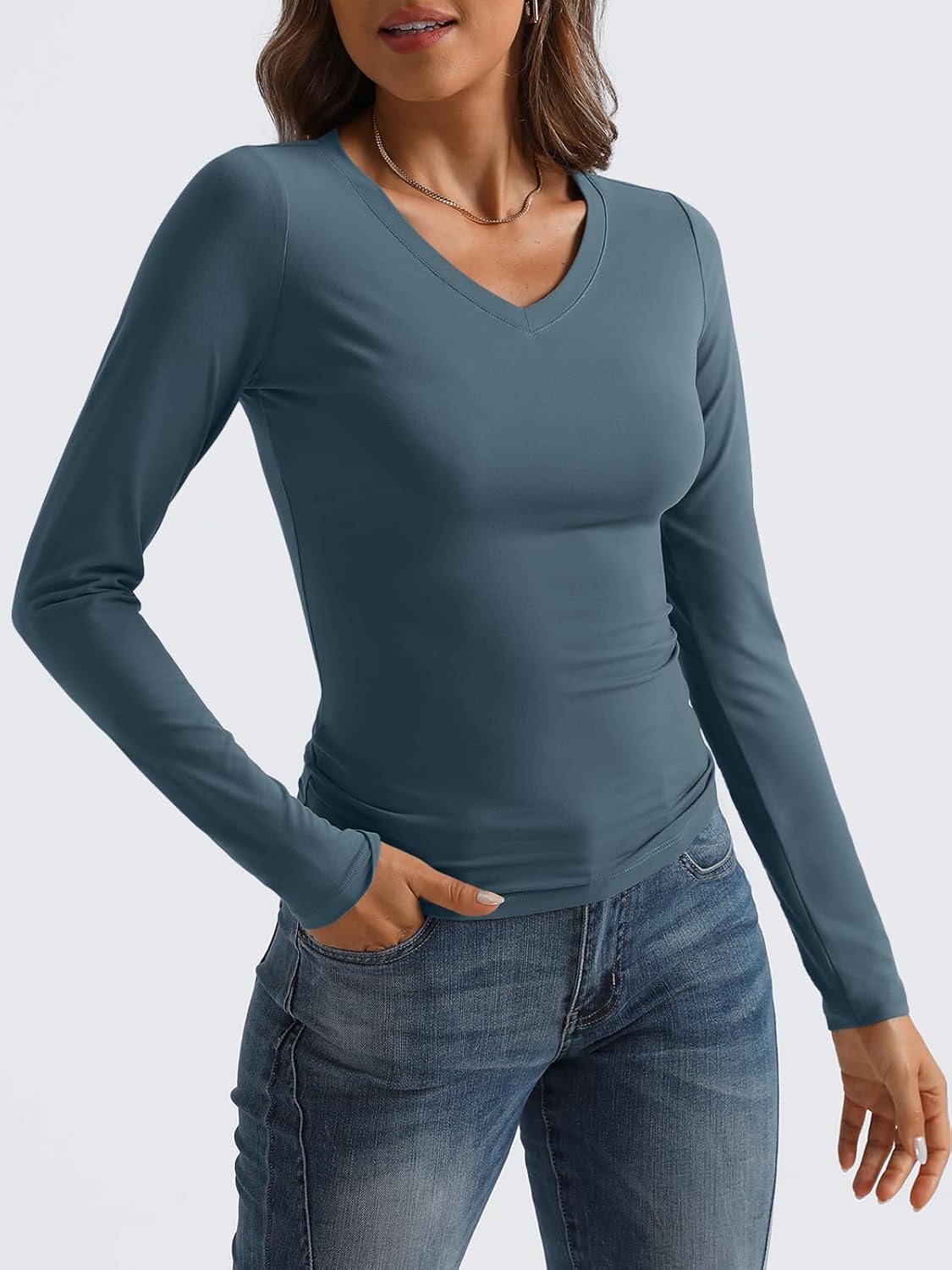 Women Long Sleeve Shirts Fashion V Neck Basics Crop Layering Slim Fitted Tops