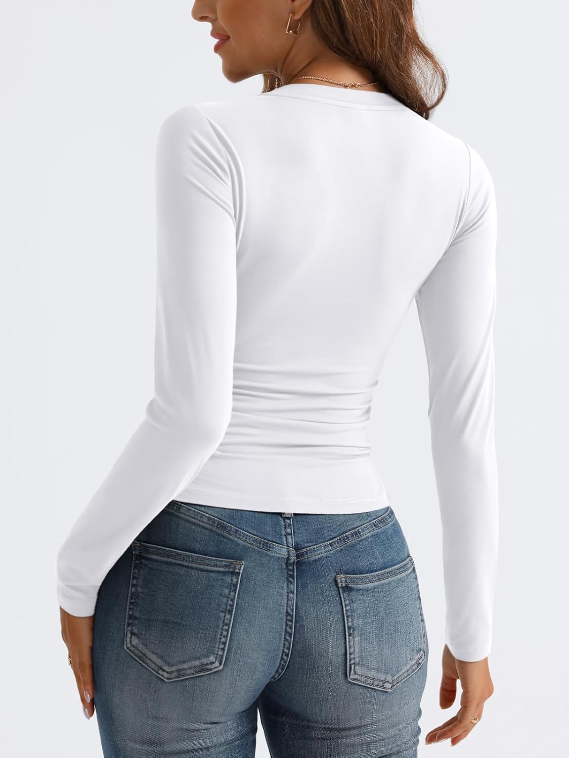 Women Long Sleeve Shirts Fashion V Neck Basics Crop Layering Slim Fitted Tops