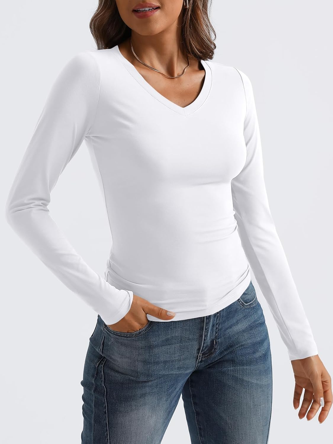 Women Long Sleeve Shirts Fashion V Neck Basics Crop Layering Slim Fitted Tops