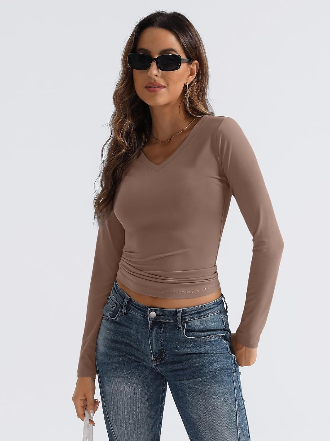 Women Long Sleeve Shirts Fashion V Neck Basics Crop Layering Slim Fitted Tops